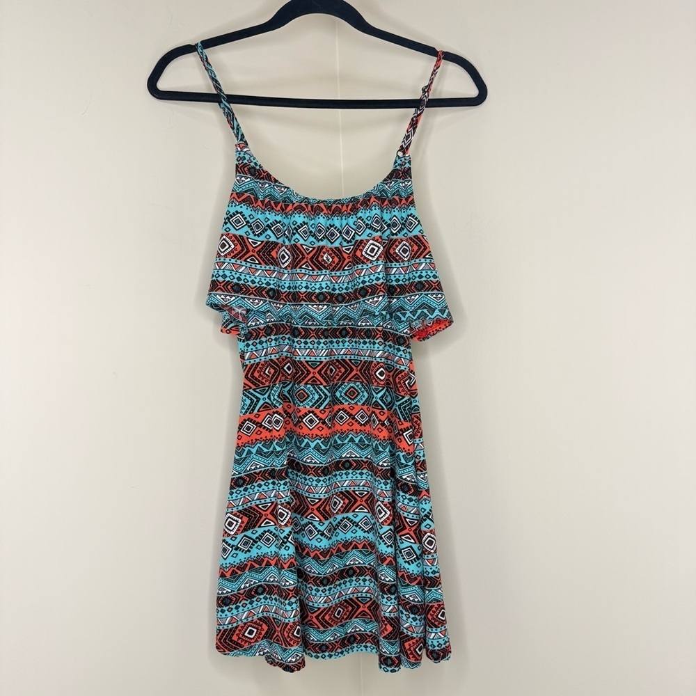 Aztec Multicolor Geometric Print Dress Y2K Magazine | Summer Flounce Tiered Mini